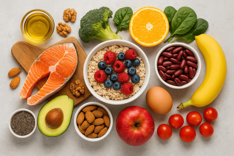 Overhead view of nutritious foods including salmon, avocado, oats with berries, almonds, spinach, orange, banana, apple, and cherry tomatoes arranged on a gray surface to represent a balanced daily diet.