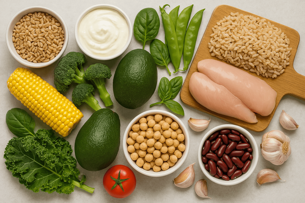 Healthy Family Meals Made Easy: Nutritious Dinner Ideas Kids Will Love and Parents Can Trust 1 Flat lay of fresh healthy ingredients featuring brown rice, chicken breasts, chickpeas, kidney beans, avocado, yogurt, kale, broccoli, corn, and snow peas on a neutral background, promoting long-term wellness.