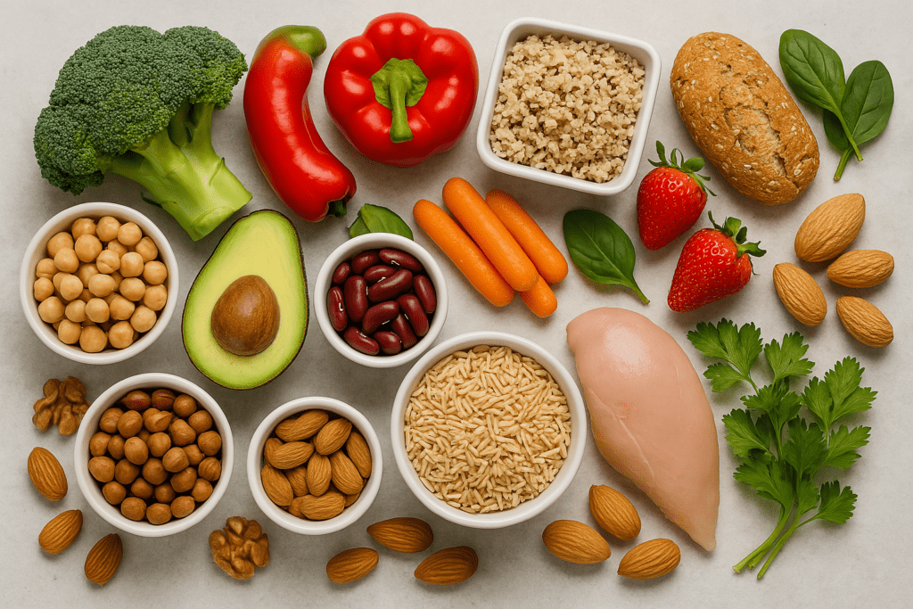 Healthy Family Meals Made Easy: Nutritious Dinner Ideas Kids Will Love and Parents Can Trust 2 Vibrant assortment of nutritious foods including broccoli, red pepper, avocado, quinoa, brown rice, chickpeas, almonds, and strawberries surrounding a chicken breast, highlighting a high-energy balanced diet.