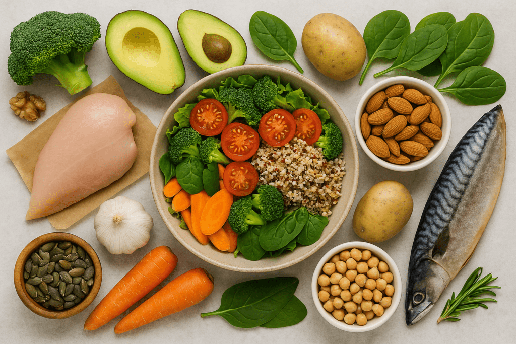 Healthy Family Meals Made Easy: Nutritious Dinner Ideas Kids Will Love and Parents Can Trust 3 Colorful selection of health-boosting foods like quinoa salad with tomatoes, mackerel fillet, chicken breast, avocado, broccoli, carrots, almonds, chickpeas, and potatoes laid out for visual inspiration on nutritious eating.