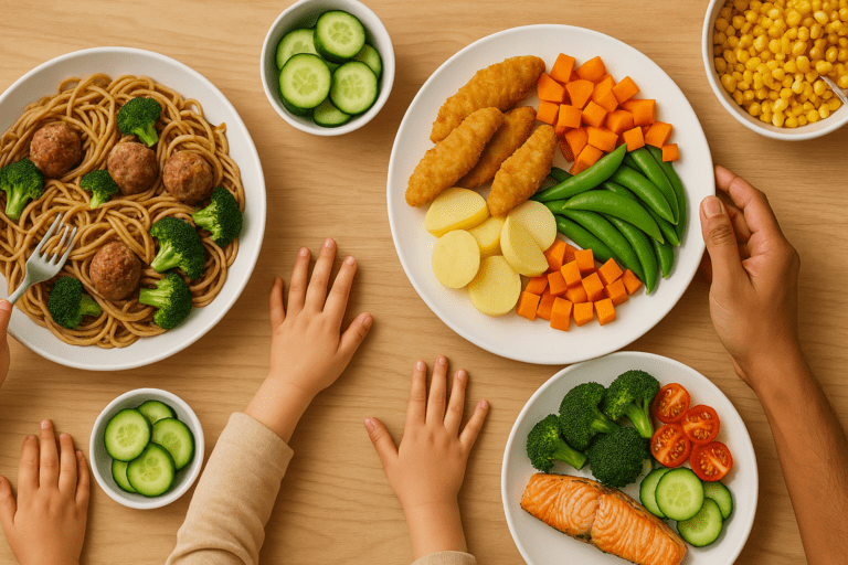 A family sharing a healthy dinner with plates of salmon, steamed broccoli, cherry tomatoes, spaghetti with meatballs and broccoli, breaded chicken, and colorful vegetables like carrots and snap peas on a wooden table