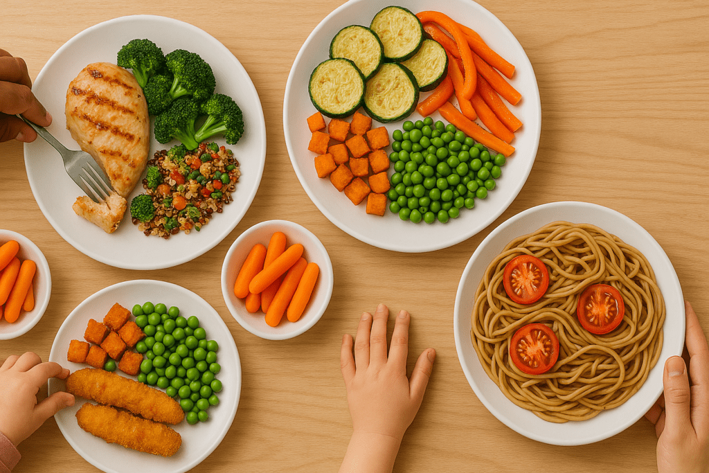 Top Nutritionist-Approved Tips on Healthy Foods to Eat Daily for Long-Term Energy, Wellness, and a Balanced Diet 1 Nutritious family-style meal with grilled chicken, quinoa vegetable mix, fish sticks, green peas, carrot sticks, spaghetti with sliced tomatoes, and bowls of baby carrots on a light wood table
