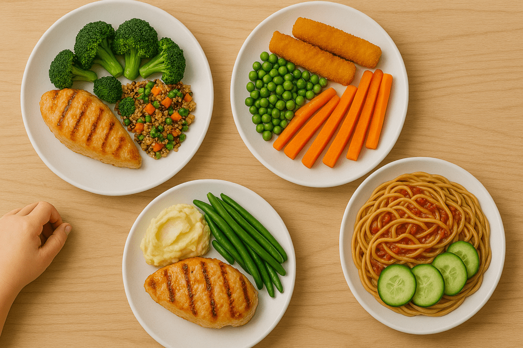 Top Nutritionist-Approved Tips on Healthy Foods to Eat Daily for Long-Term Energy, Wellness, and a Balanced Diet 2 Colorful assortment of healthy family meals on four plates, featuring grilled chicken with broccoli and rice, fish sticks with peas and carrots, mashed potatoes with green beans, and spaghetti with cucumber slices