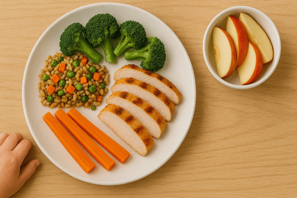 Top Nutritionist-Approved Tips on Healthy Foods to Eat Daily for Long-Term Energy, Wellness, and a Balanced Diet 3 Child reaching for a balanced dinner plate with grilled chicken slices, steamed broccoli, carrot sticks, and a barley veggie mix, served alongside a bowl of fresh red apple slices on a wooden table