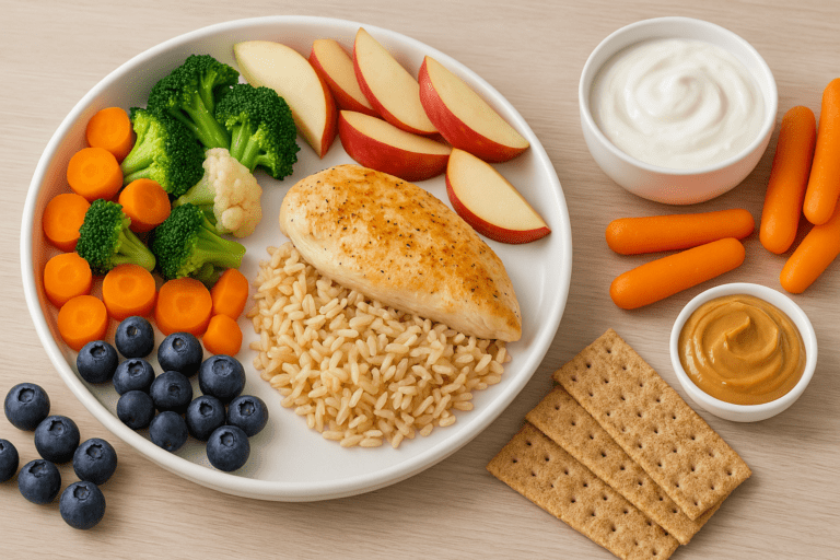 Balanced kids’ meal with grilled chicken, brown rice, and colorful vegetables, surrounded by healthy snacks like yogurt, fruit, and whole grain crackers, on a wooden surface