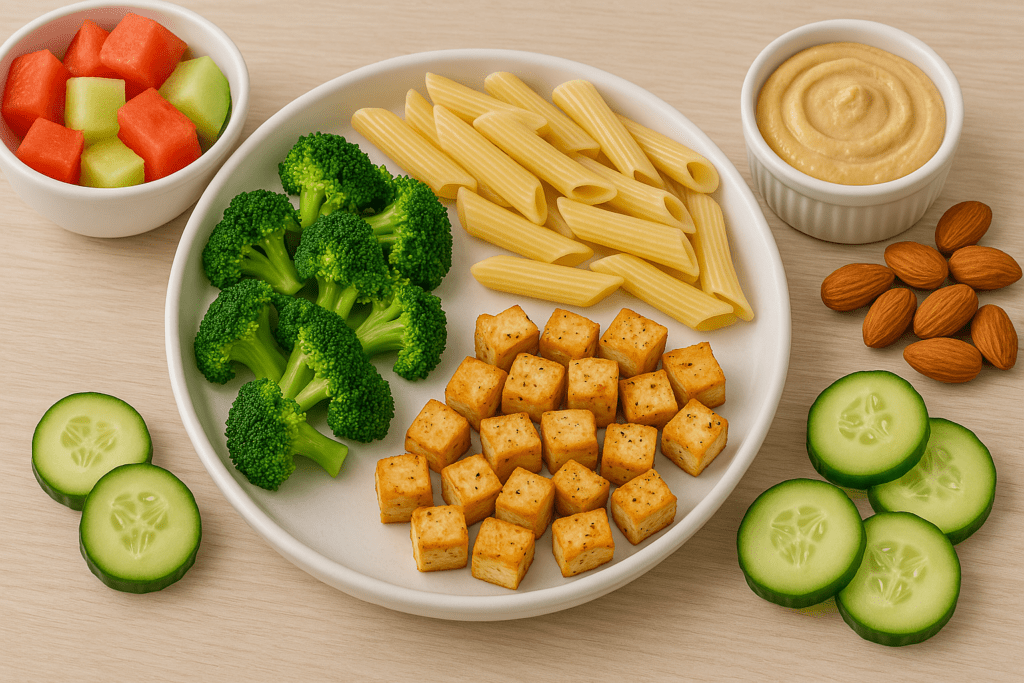 Healthy Eating for Picky Eaters: Simple, Nutritious Foods That Support a Balanced Diet and Lifestyle 1 Healthy meal with tofu, steamed broccoli, and pasta on a white plate, surrounded by cucumber slices, almonds, hummus, and melon cubes on a light wood surface.