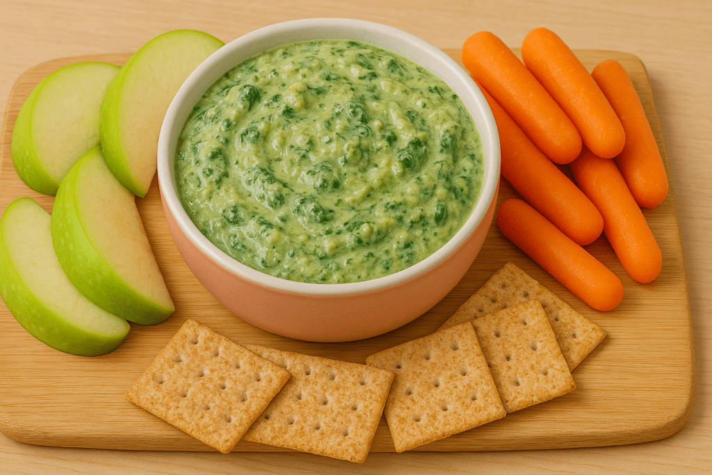 Healthy Eating for Picky Eaters: Simple, Nutritious Foods That Support a Balanced Diet and Lifestyle 2 Spinach and mushroom dip in a ceramic bowl, served with green apple slices, baby carrots, and whole wheat crackers on a wooden board under natural light