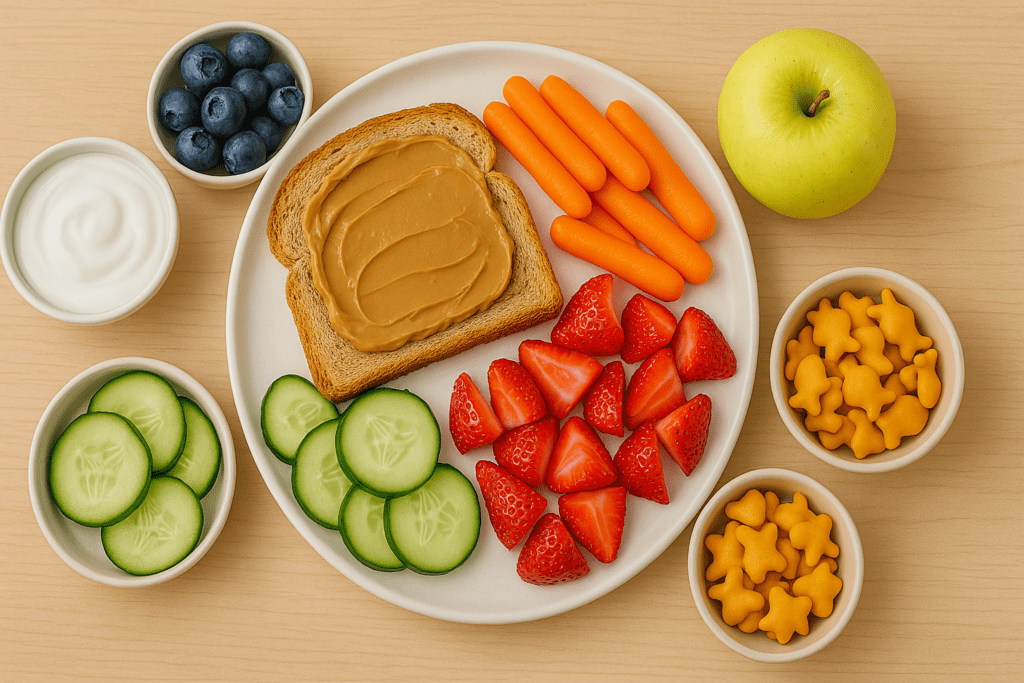 Healthy Eating for Picky Eaters: Simple, Nutritious Foods That Support a Balanced Diet and Lifestyle 3 Whole grain toast with peanut butter, sliced cucumbers, strawberries, baby carrots, yogurt, blueberries, and goldfish crackers arranged on a light wooden surface.