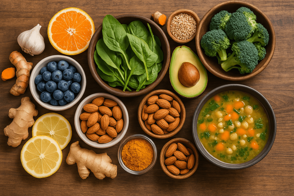 How to Eat to Support Natural Healing: Choosing the Right Diet to Help Your Body Thrive with Herbal Remedies and Adaptogens 2 A flat-lay of fresh healing foods including salmon, blueberries, oranges, turmeric, ginger, spinach, and garlic, arranged on a wooden table, symbolizing natural healing through nutrition and wholesome ingredients.