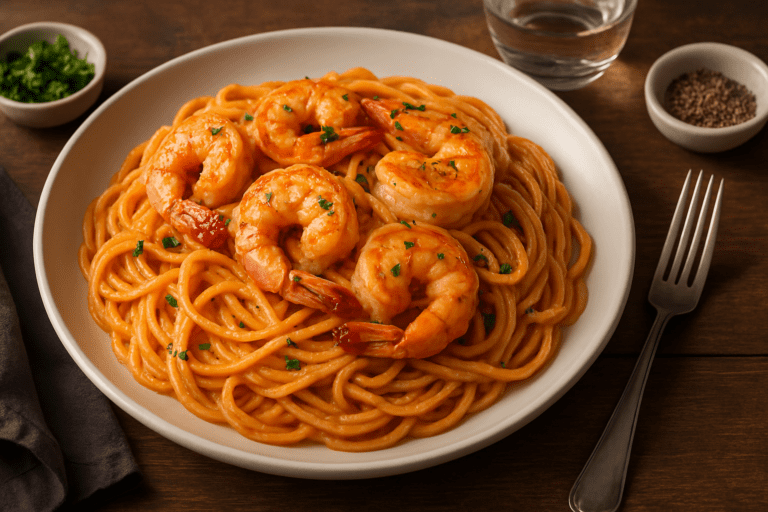 A plate of spaghetti topped with creamy tomato sauce and grilled shrimp, garnished with parsley, served on a wooden table with a fork and seasonings.