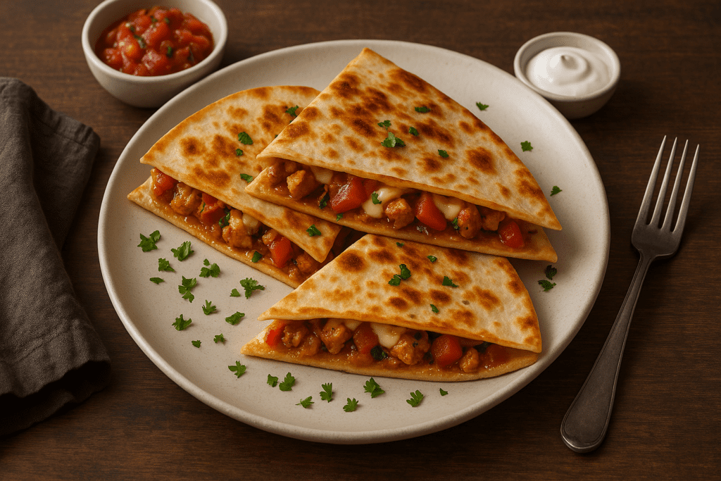 Quick and Fast Dinner Recipes for Busy Nights: Smart, Healthy Meals You Can Make in Minutes 1 Three golden chicken quesadillas with melted cheese and diced vegetables, arranged on a ceramic plate alongside bowls of salsa and sour cream.