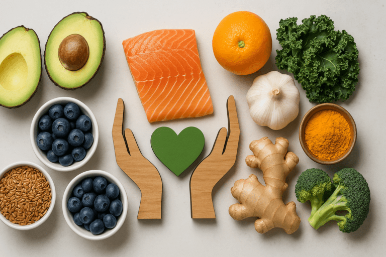 A flat-lay of fresh healing foods including salmon, blueberries, oranges, turmeric, ginger, spinach, and garlic, arranged on a wooden table, symbolizing natural healing through nutrition and wholesome ingredients.