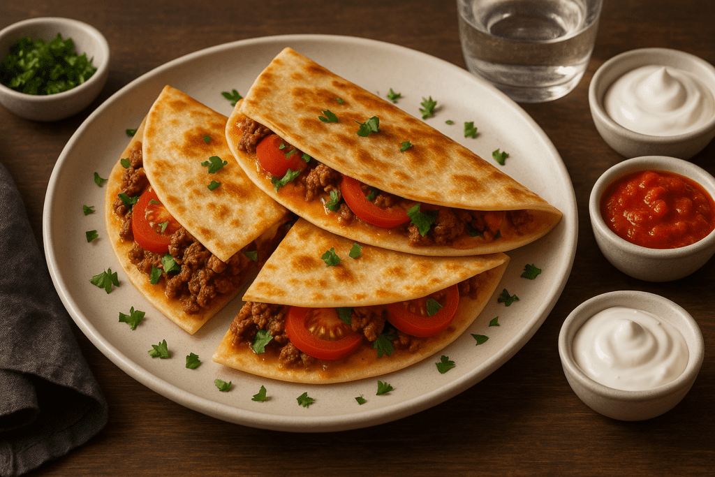 Quick and Easy Healthy Breakfast Ideas for Busy Mornings: What to Eat for a Nutritious Start at Home or On the Go 3 Beef and tomato quesadillas folded and stacked on a white plate, surrounded by small bowls of salsa, sour cream, and chopped cilantro.