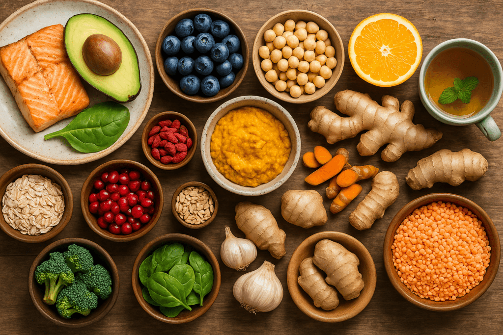 How to Eat to Support Natural Healing: Choosing the Right Diet to Help Your Body Thrive with Herbal Remedies and Adaptogens 1 A flat-lay of fresh healing foods including salmon, blueberries, oranges, turmeric, ginger, spinach, and garlic, arranged on a wooden table, symbolizing natural healing through nutrition and wholesome ingredients.