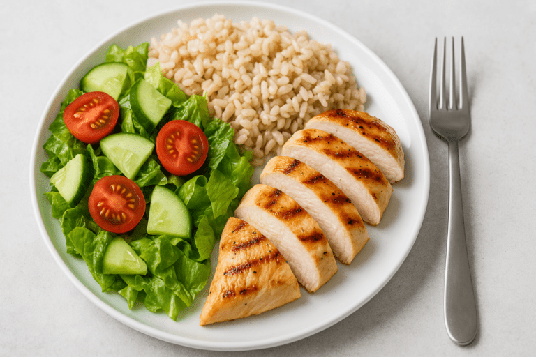 A well-balanced meal of grilled chicken breast, brown rice, and a fresh green salad with cherry tomatoes and cucumbers on a white plate.