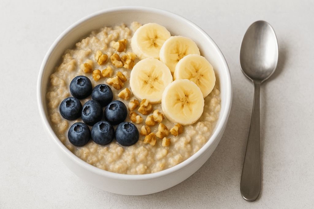 Smart and Simple Filling Meals: How to Stay Nourished Without Sacrificing Time or Taste 1 A nourishing bowl of creamy oatmeal topped with banana slices, blueberries, and chopped walnuts, served in a white bowl with a spoon on the side