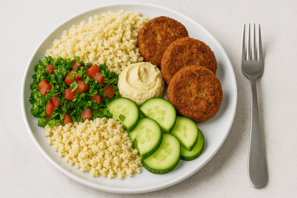 Smart and Simple Filling Meals: How to Stay Nourished Without Sacrificing Time or Taste 2 A vibrant falafel meal featuring couscous, cucumber slices, parsley and tomato salad, and hummus arranged neatly on a white plate.
