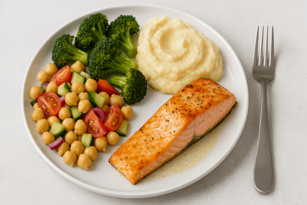 Smart and Simple Filling Meals: How to Stay Nourished Without Sacrificing Time or Taste 3 A colorful meal of baked salmon, mashed potatoes, roasted broccoli, and chickpea salad with tomatoes and cucumbers, plated on white porcelain.