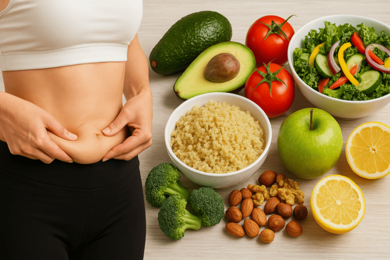 Fit woman holding her waist with a healthy selection of fresh fruits and vegetables including avocado, tomatoes, quinoa, and broccoli, promoting a natural fat-burning diet.