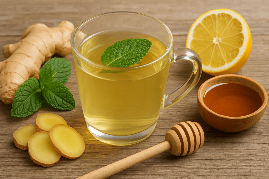 How to Burn Fat Without Exercise Naturally: The Quickest Way to Lose Stomach Fat and Support Lasting Weight Loss Without Working Out 1 Close-up of a glass mug with herbal tea, a mint leaf, fresh ginger slices, lemon, and honey, all arranged on a wooden surface, emphasizing natural fat-burning ingredients.