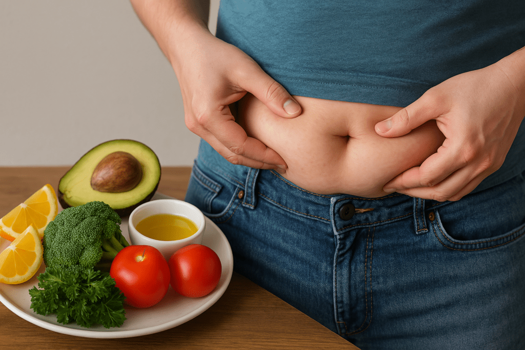 How to Burn Fat Without Exercise Naturally: The Quickest Way to Lose Stomach Fat and Support Lasting Weight Loss Without Working Out 2 Fit woman holding her waist with a healthy selection of fresh fruits and vegetables including avocado, tomatoes, quinoa, and broccoli, promoting a natural fat-burning diet.
