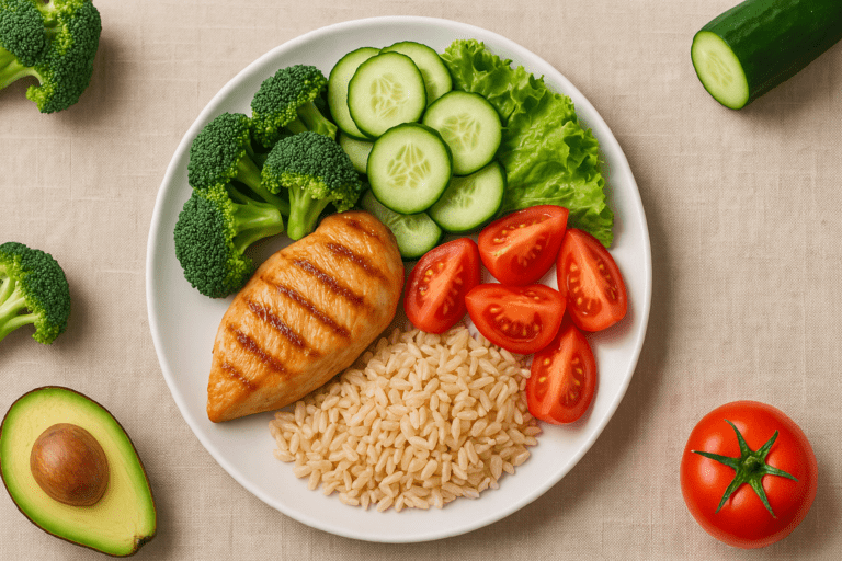A healthy balanced plate featuring grilled chicken breast, fresh broccoli, cucumber slices, cherry tomatoes, lettuce, and a serving of brown rice, arranged on a white plate over a neutral fabric background.