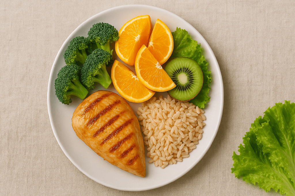 Understanding the Balanced Diet Healthy Plate: A Practical Nutrition Guide Using MyPlate Food Categories 1 A nutritious plate divided into sections with grilled chicken breast, steamed broccoli, brown rice, kiwi slices, orange wedges, and leafy greens, all beautifully presented on a white dish atop beige linen.