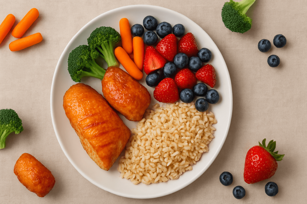 Understanding the Balanced Diet Healthy Plate: A Practical Nutrition Guide Using MyPlate Food Categories 2 A wholesome meal on a round plate displaying grilled chicken, steamed broccoli, baby carrots, strawberries, blueberries, and a portion of brown rice, photographed against a neutral textured fabric.