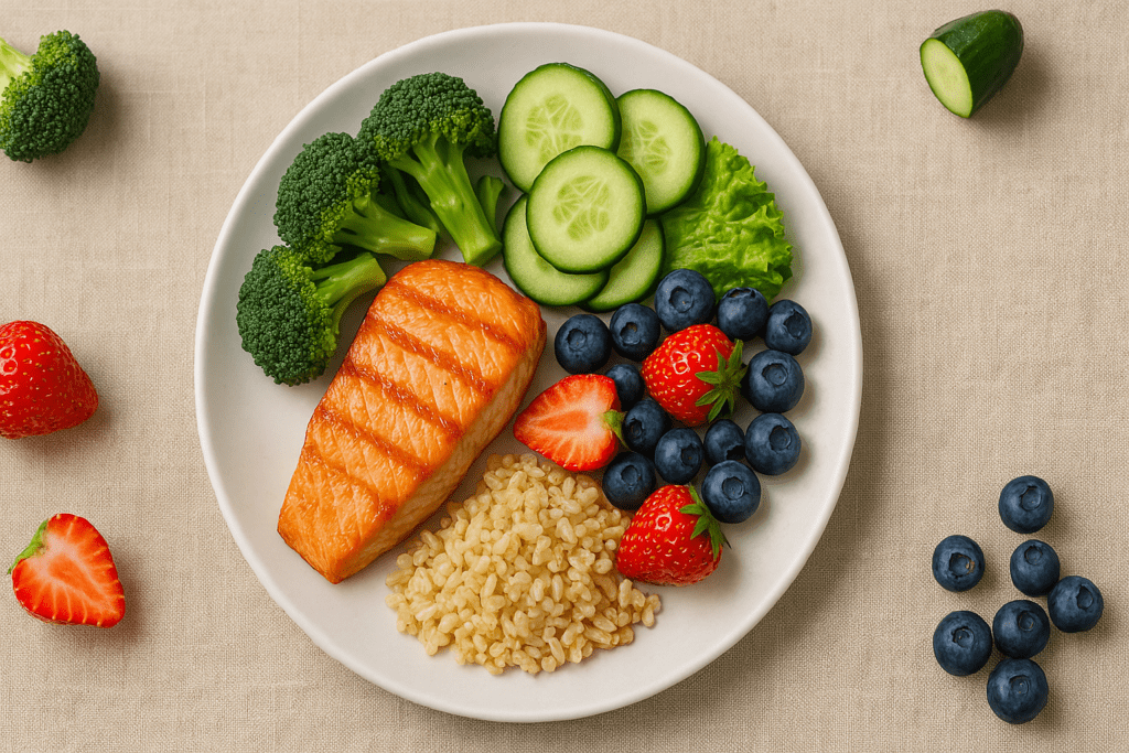 Understanding the Balanced Diet Healthy Plate: A Practical Nutrition Guide Using MyPlate Food Categories 3 A vibrant healthy meal showing grilled salmon, cucumber slices, steamed broccoli, strawberries, blueberries, lettuce, and a portion of quinoa, artistically placed on a round white plate over a beige cloth.