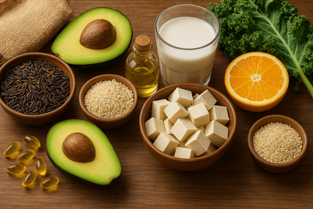 The Best Vegan Sources of Vitamin D: How to Get Enough from Food and Supplements Without Animal Products 3 A high-resolution image of plant-based vitamin D sources arranged on a wooden surface, including halved avocados, cubed tofu in a wooden bowl, wild rice, sesame seeds, a glass of plant-based milk, a small bottle of oil, fresh kale, a halved orange, and golden softgel vitamin D capsules, all captured in warm, natural lighting.