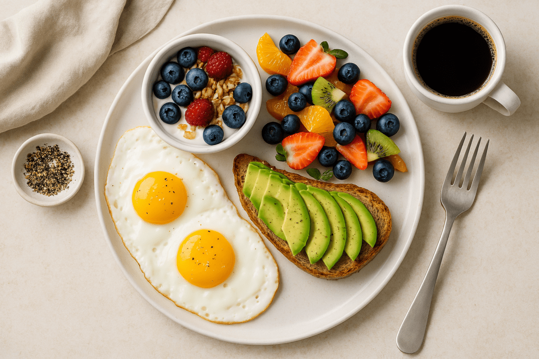Overhead view of a healthy breakfast plate featuring sunny-side-up eggs, avocado toast, yogurt with berries, and a vibrant fruit salad, styled with a cup of black coffee on a neutral background.
