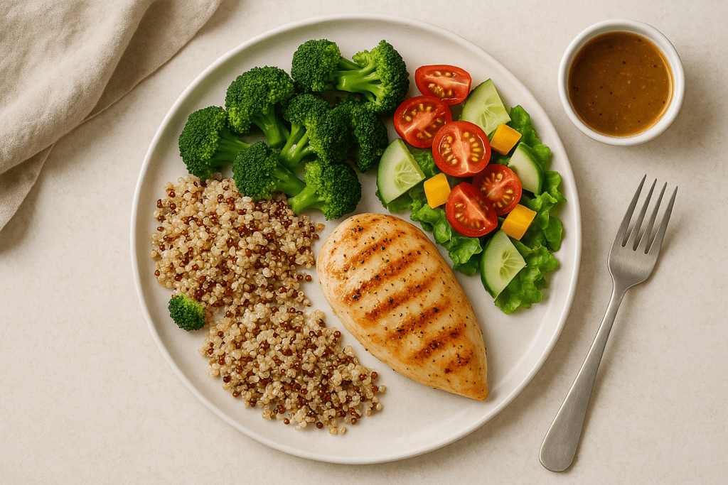 Healthy Breakfast for Dinner and Beyond: Balanced Meal Ideas for Breakfast, Lunch, and Dinner to Support a Nutritious Lifestyle 1 Top-down image of a balanced lunch plate with grilled chicken breast, steamed broccoli, tri-color quinoa, and a fresh garden salad with tomatoes and cucumbers, complemented by a small bowl of dressing.