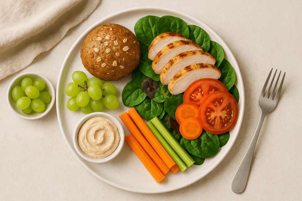 Healthy Breakfast for Dinner and Beyond: Balanced Meal Ideas for Breakfast, Lunch, and Dinner to Support a Nutritious Lifestyle 2 A bright, colorful plate showing grilled chicken slices over leafy greens, raw vegetable sticks, hummus, green grapes, and a whole-grain roll, arranged with elegant tableware for a wholesome dinner.