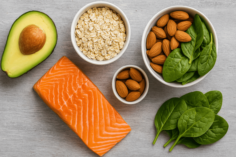 Overhead view of fresh salmon, avocado, oats, almonds, and spinach on a wooden surface, showcasing fat-burning superfoods.