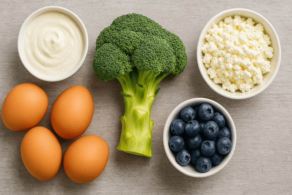 Quick and Easy Healthy Breakfast Ideas for Busy Mornings: What to Eat for a Nutritious Start at Home or On the Go 2 Healthy variety including yogurt, eggs, broccoli, blueberries, and cottage cheese arranged on a rustic tabletop.