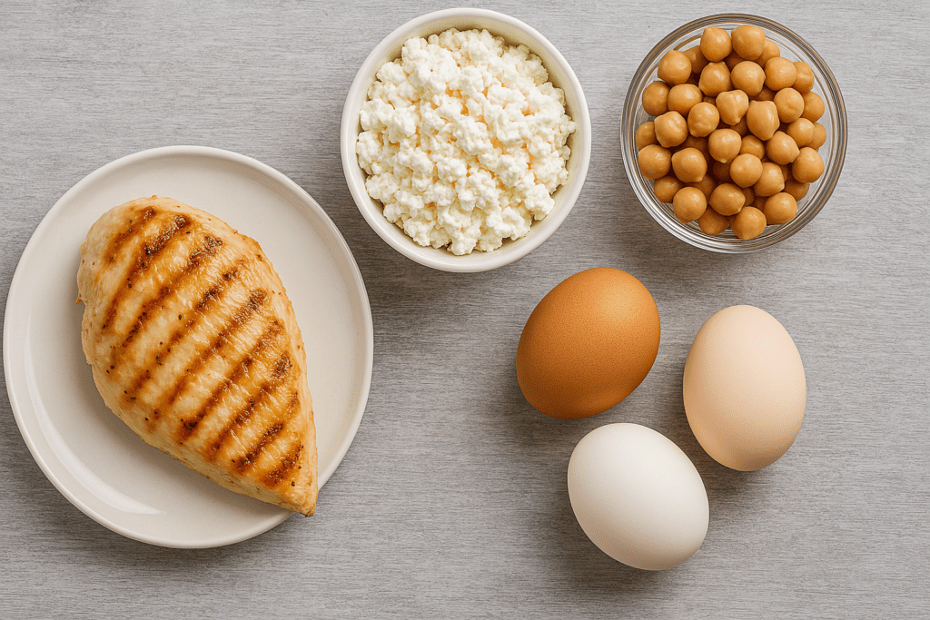 Best Foods to Eat to Burn Belly Fat: How Smart Nutrition Choices Can Support a Healthier Lifestyle 3 Protein-rich meal prep with grilled chicken breast, cottage cheese, chickpeas, and whole eggs on a light gray background.