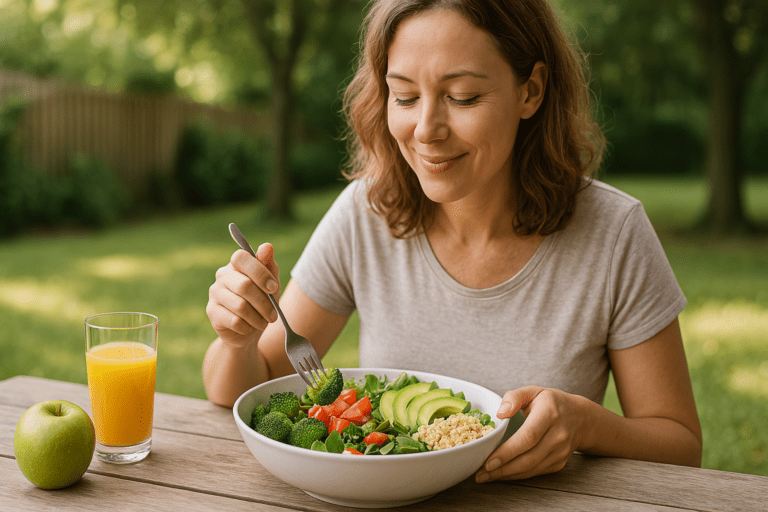 this image The photo shows a woman sitting outdoors at a wooden table, enjoying a nutritious meal amidst a serene garden setting with sunlight softly illuminating her face. Dressed in a casual beige shirt, she focuses on a large bowl filled with fresh vegetables, grains, and a green apple on the table, while a glass of orange juice adds a vibrant touch to the scene.