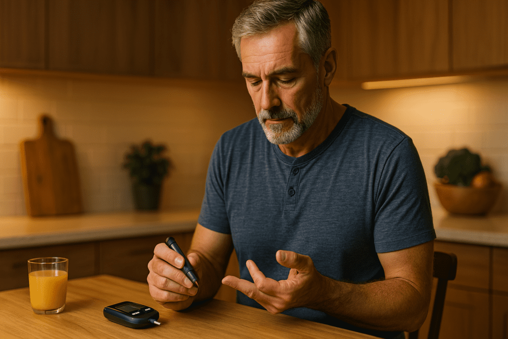 In this softly lit kitchen scene, an older man with light skin and salt-and-pepper hair is focused on measuring his glucose level. Dressed in a navy blue T-shirt, he stands in front of a warm, well-organized kitchen with wooden cabinetry and a countertop adorned with fresh produce and simple decor, the ambient light creating a cozy atmosphere.