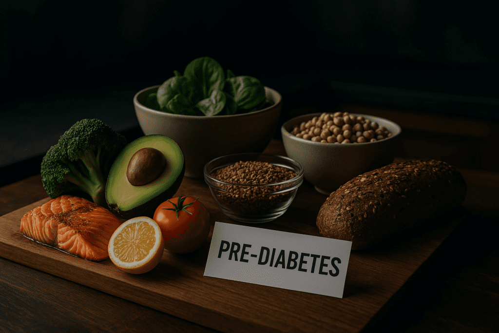This evocative photograph captures a rustic wooden cutting board loaded with vibrant, wholesome ingredients. The dim kitchen lighting highlights a variety of fresh foods, from grilled salmon and broccoli to avocado and spinach, offering an artful blend of textures and colors.