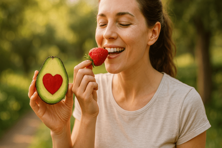 A young woman in her late twenties enjoys a fresh strawberry while holding an avocado with a heart-shaped cutout in the center, sitting in a sunlit park surrounded by lush greenery. The warm natural light highlights the vibrant colors of the fruits and the relaxed, health-conscious mood.