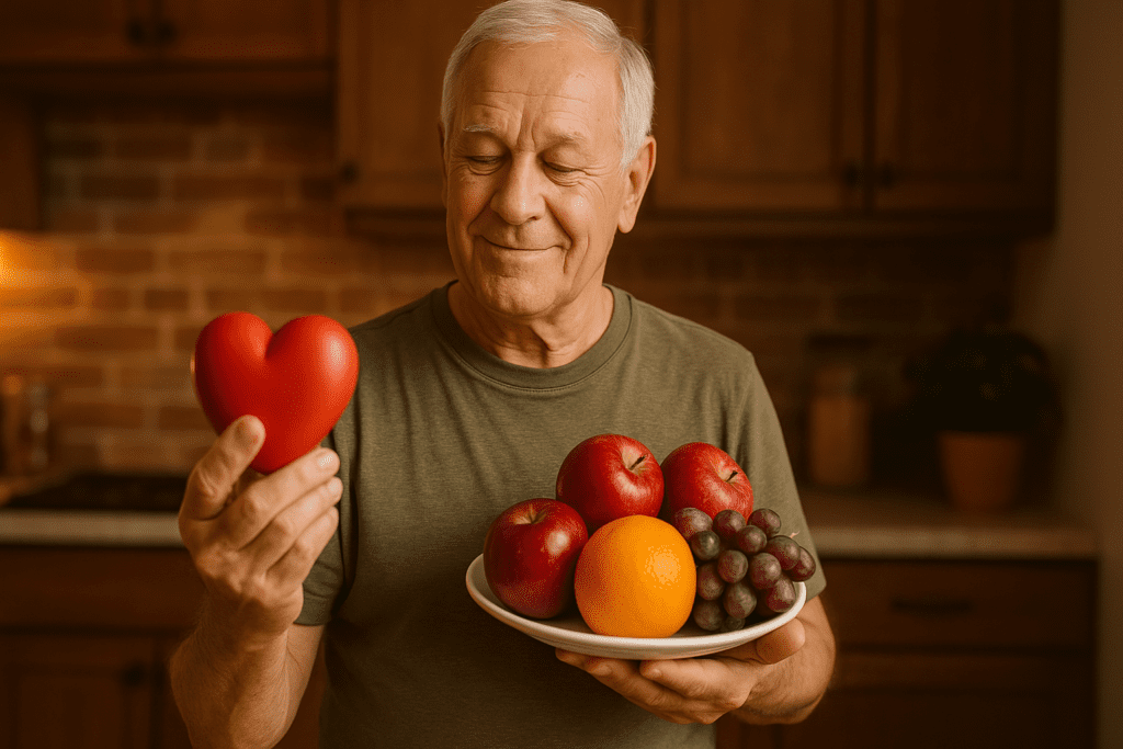 An elderly man with short white hair stands in a warmly lit kitchen, holding a red heart-shaped stress ball in one hand and a plate of vibrant fruits including apples, an orange, and grapes in the other. The warm indoor lighting highlights the man’s gentle smile and the wholesome, heart-healthy food.