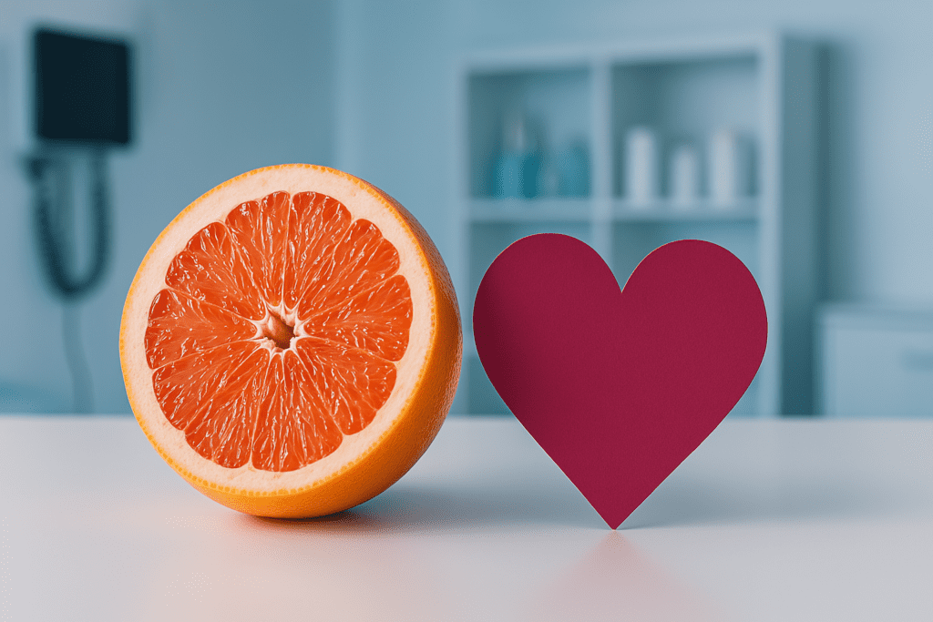 A close-up of a halved grapefruit with a magenta heart cutout beside it, set on a white countertop in a clinical environment. The cool lighting and blurred background of shelves and equipment emphasize the vibrant fruit, symbolizing heart-healthy choices.