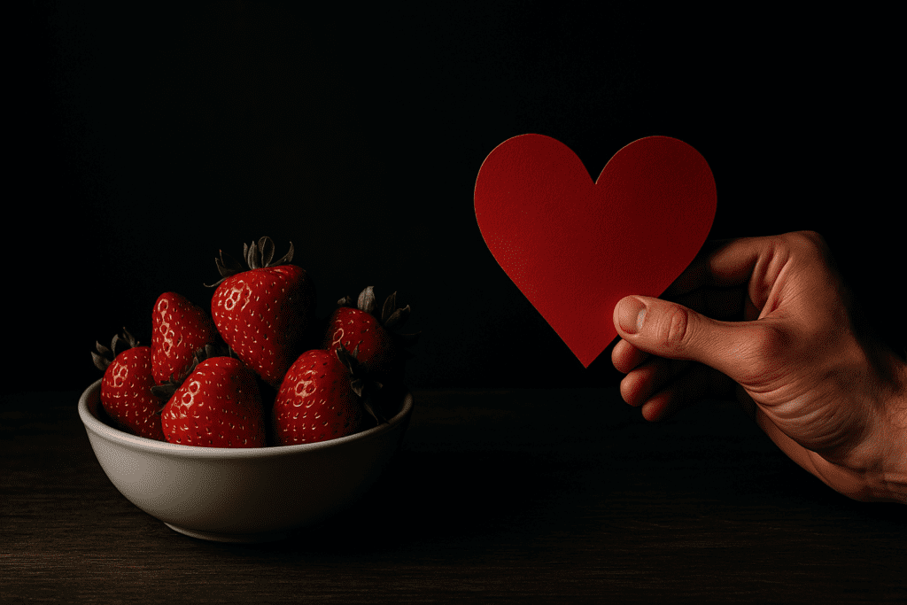 A young woman in her late twenties enjoys a fresh strawberry while holding an avocado with a heart-shaped cutout in the center, sitting in a sunlit park surrounded by lush greenery. The warm natural light highlights the vibrant colors of the fruits and the relaxed, health-conscious mood.
ALT Text: An elderly man with short white hair stands in a warmly lit kitchen, holding a red heart-shaped stress ball in one hand and a plate of vibrant fruits including apples, an orange, and grapes in the other. The warm indoor lighting highlights the man’s gentle smile and the wholesome, heart-healthy food.
ALT Text: A close-up of a halved grapefruit with a magenta heart cutout beside it, set on a white countertop in a clinical environment. The cool lighting and blurred background of shelves and equipment emphasize the vibrant fruit, symbolizing heart-healthy choices.
ALT Text: A bowl of fresh, ripe strawberries sits on a wooden table under dramatic, moody lighting, while a hand gently holds a red paper heart beside it. The deep shadows and warm tones create a striking contrast that emphasizes the heart-healthy benefits of the vibrant fruit.
