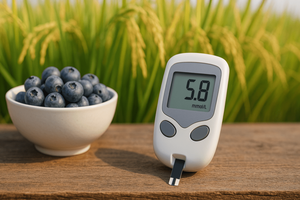 6 Foods That Prevent Diabetes: How to Naturally Lower A1C and Manage Prediabetes 1 A white ceramic bowl filled with fresh blueberries sits on a rustic wooden surface next to a digital glucometer displaying a blood sugar reading of "5.8 mmol/L." The background features a lush rice field bathed in soft golden sunlight, suggesting a connection between natural foods and maintaining healthy glucose levels.