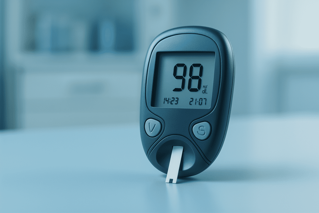 6 Foods That Prevent Diabetes: How to Naturally Lower A1C and Manage Prediabetes 2 A close-up of a dark gray glucometer resting on a clinical blue surface, displaying a blood sugar reading of "98 mg/dL" with the time "14:23" and the date "21-07." The sterile, softly lit background includes blurred white cabinets and clinical furnishings, creating a cool, medical atmosphere that emphasizes the importance of regular glucose monitoring.