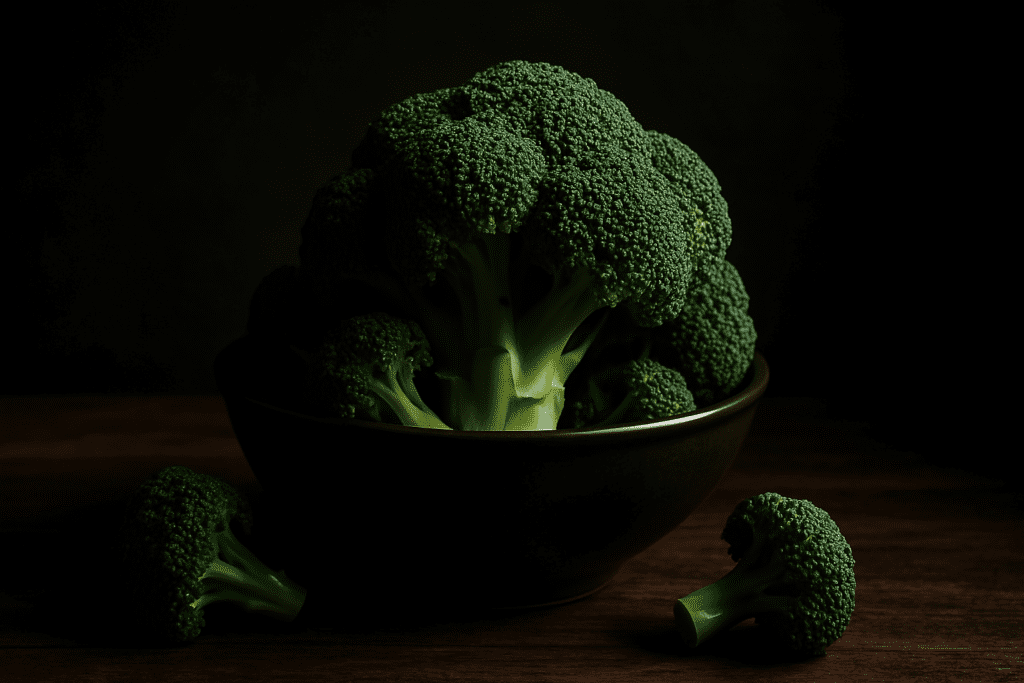 6 Foods That Prevent Diabetes: How to Naturally Lower A1C and Manage Prediabetes 3 A large, fresh broccoli floret sits prominently in a dark ceramic bowl, dramatically lit with moody shadows highlighting its textured surface. Smaller florets surround the central piece, adding vibrant green contrast against the dark wooden surface and shadowy background, symbolizing the importance of nutrient-rich foods in managing blood sugar and preventing diabetes.