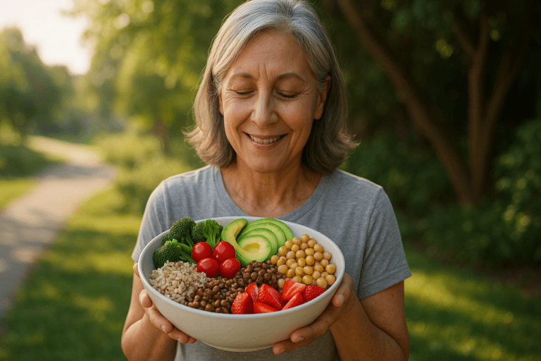 The image features a clean, modern kitchen with warm ambient lighting where a young man is preparing a plant-based meal. He is slicing vibrant vegetables like bell peppers and tomatoes on a wooden cutting board, with fresh greens and legumes neatly arranged beside him. The inviting atmosphere emphasizes the ease of maintaining a heart-healthy, whole-food diet.