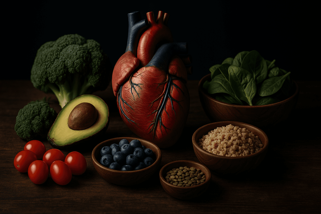 How to Prevent Stroke and Heart Attack with a Whole-Food Plant-Based Diet: Proven Strategies for Long-Term Heart Health 3 The photo displays a vibrant heart-shaped arrangement of whole, plant-based foods such as fresh spinach, colorful bell peppers, chickpeas, and almonds, placed on a rustic wooden table. Soft, moody lighting enhances the textures and natural colors, emphasizing the link between heart health and nutrient-rich, plant-based nutrition.