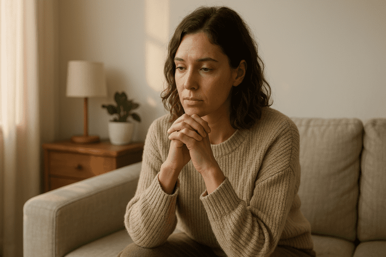 A young woman with shoulder-length wavy brown hair sits thoughtfully on a beige sofa in a sunlit living room, her hands clasped as she gazes downward. Soft morning light highlights her pensive expression, with a potted plant and a lamp on a wooden side table in the background.