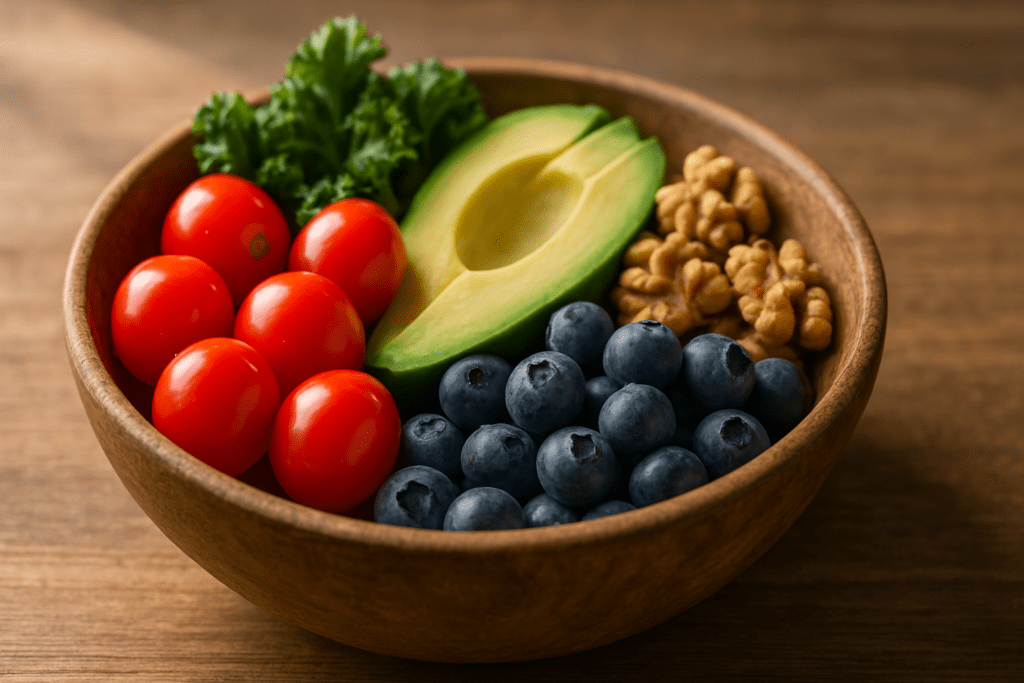 A rustic wooden bowl filled with anti-inflammatory foods, including cherry tomatoes, avocado slices, blueberries, and walnuts, sits on a wooden surface. The soft morning light gently highlights the vibrant colors and fresh textures of the ingredients.